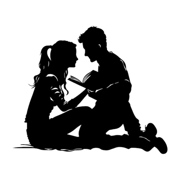 Silhouette teenager girl and boy reading book together black color only