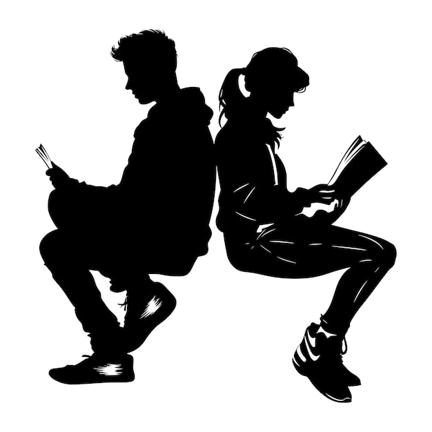 Silhouette teenager girl and boy reading book together black color only