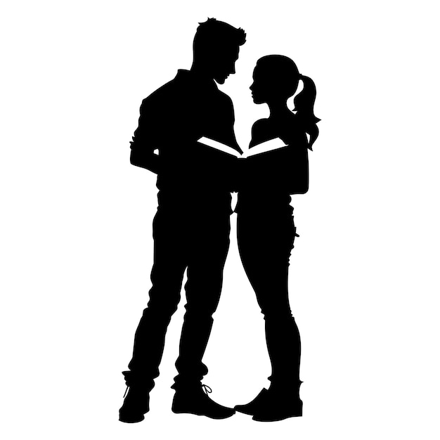 Silhouette teenager girl and boy reading book together black color only