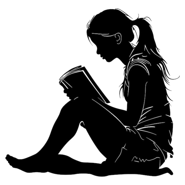 Vector silhouette teenager girl reading book black color only