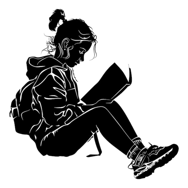 Vector silhouette teenager girl reading book black color only