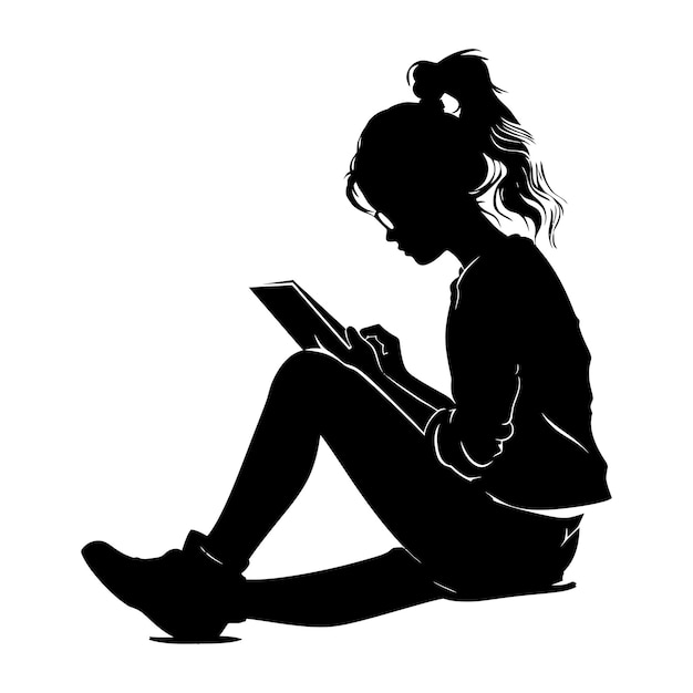 Silhouette teenager girl reading book black color only