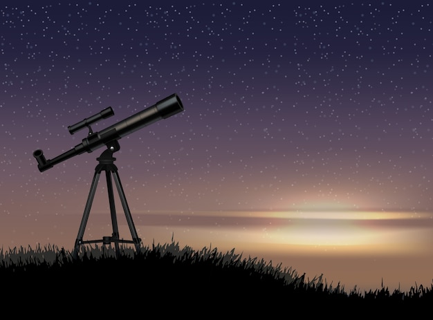 Vector silhouette of telescope on the rock with the star at the sky sunset