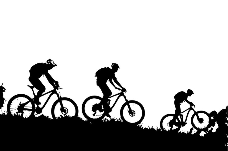 Silhouette of three men riding mountain bike