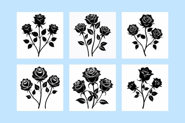 Vector silhouette three rose vector black color with branch