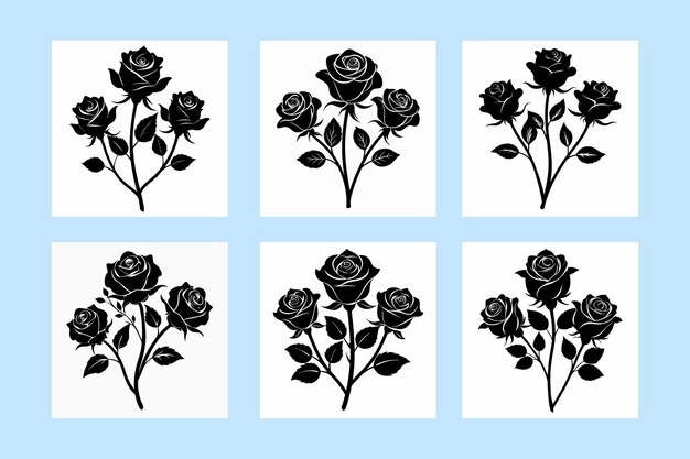 Vector silhouette three rose vector black color with branch