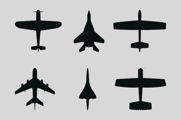 Silhouette top views of different airplanes illustration