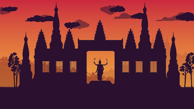 Vector silhouette of traditional thai dance and ancient temple on gradient background