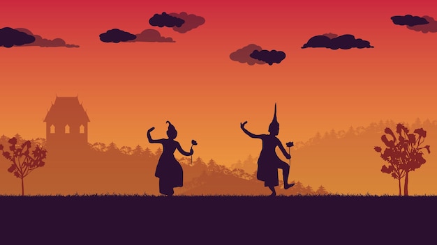 Silhouette of traditional Thai Dance on gradient background