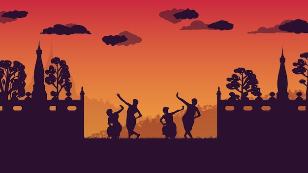 Silhouette of traditional thai dance and wall ancient temple on gradient background