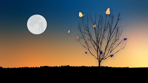 Vector silhouette tree colorful butterflies with moon