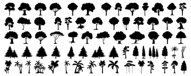 Vettore set di disegni a silhouette di alberi vista laterale set di elementi grafici di alberi simbolo di contorno