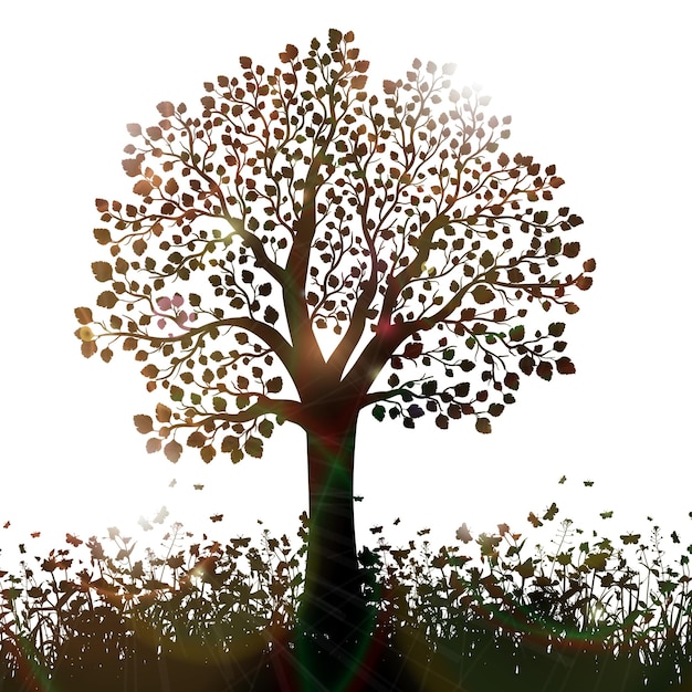 Vector silhouette of tree with leaves and grass vector background