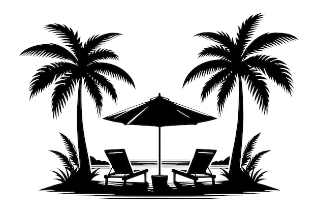 Silhouette of a Tropical beach scene with two palm trees and lounge chairs