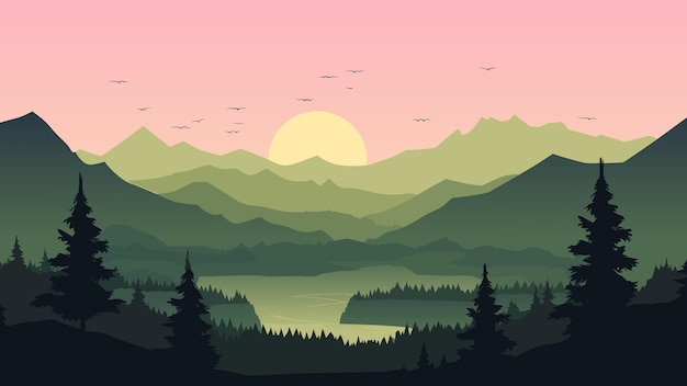 Vector silhouette twilight forest landscape background