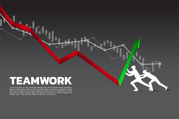 Silhouette of two businessman pushing the graph to up direction