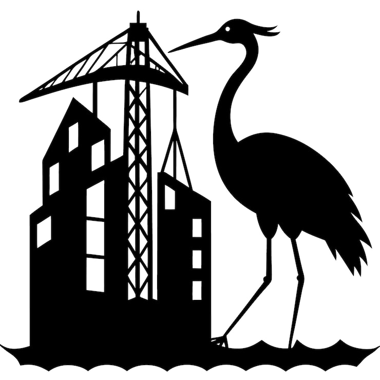 Vector silhouette of two cranes standing near a construction site with buildings in the background