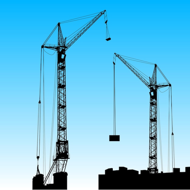 Silhouette of two cranes working on the building Vector illustration