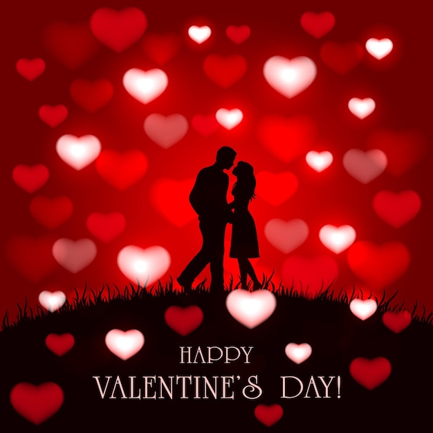 Silhouette of two enamored on red valentines background with hearts, illustration.