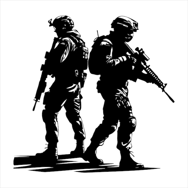 ライフルを持って背を向けて立っている2人の兵士のシルエット