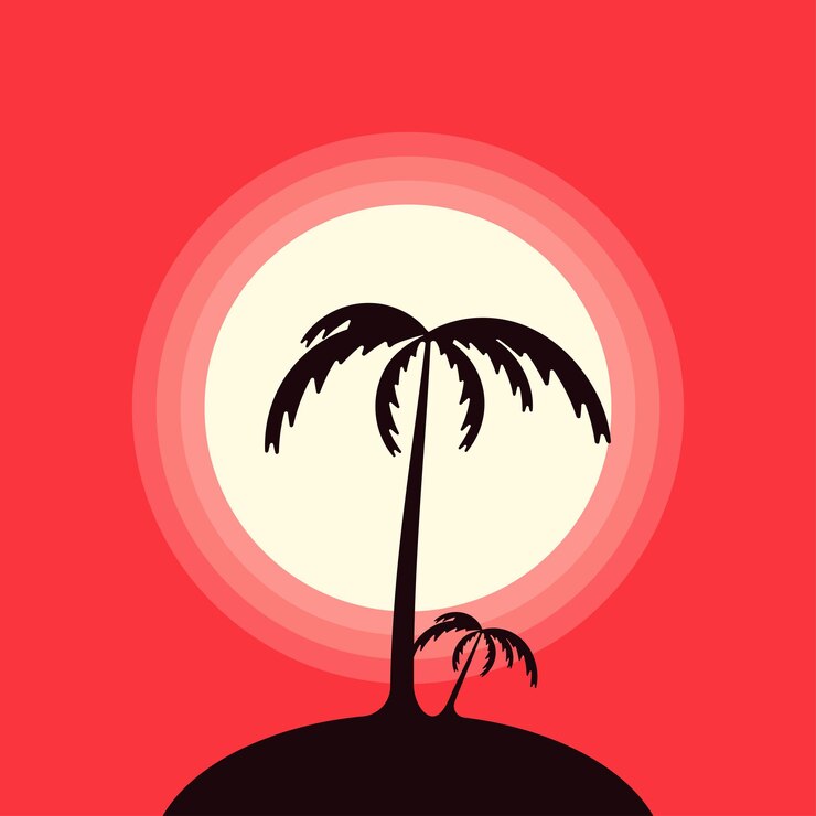 Vector silhouette of two palm trees on the island against the backdrop of the setting sun