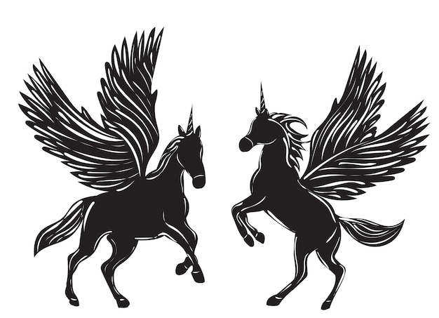 Silhouette unicorns pegasi on white background vector