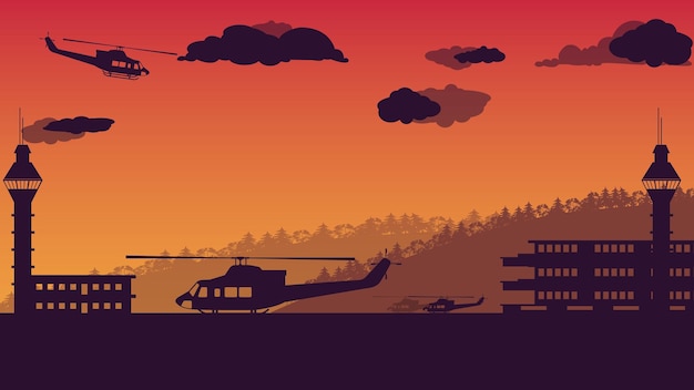 オレンジ色のグラデーションの背景にユーティリティヘリコプターと航空交通管制塔のシルエット