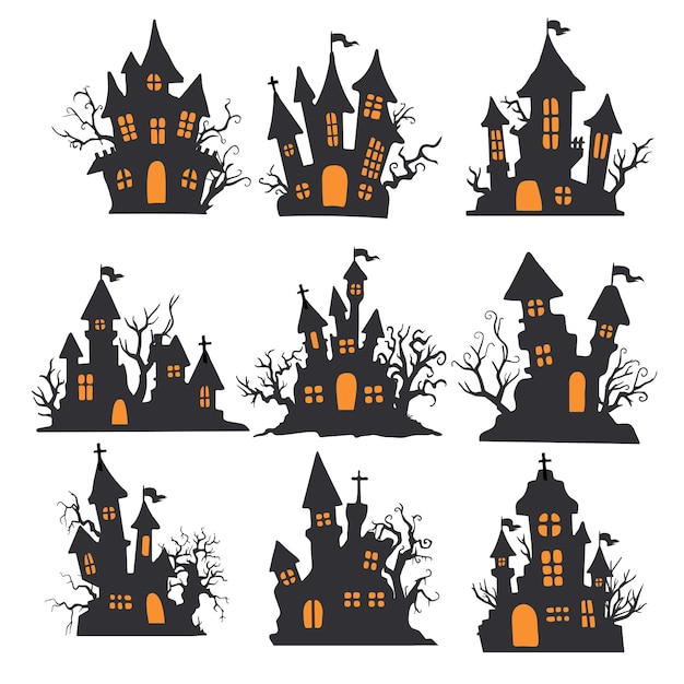 Silhouette of vampire castle Scary ghost house on Halloween night