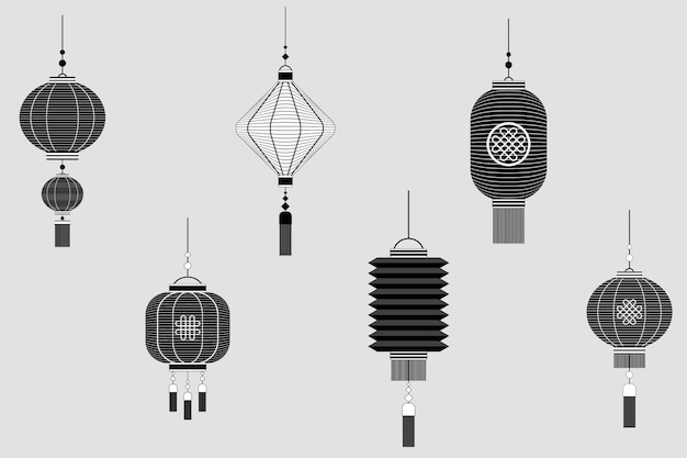 Вектор Силуэт различных бумажных фонарей с китайским и японским стилем в черно-белом векторном дизайне