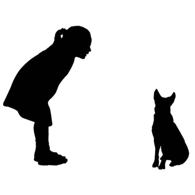 Vector silhouette vector of a baby girl and her pet a dog