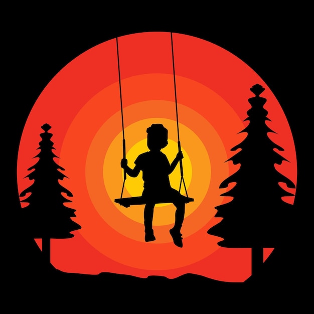 Silhouette vector design of a child playing on a swing