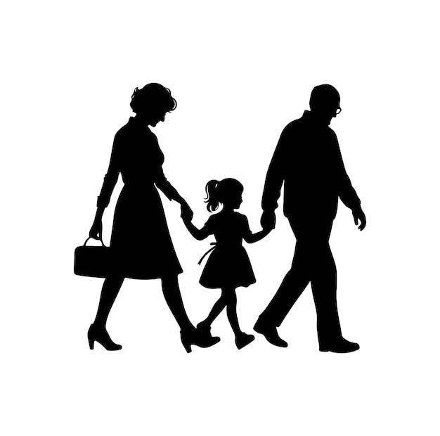 孫娘と歩いている祖父母のシルエットベクトル イラストアイコン
