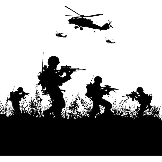 silhouette of a war situation black color only