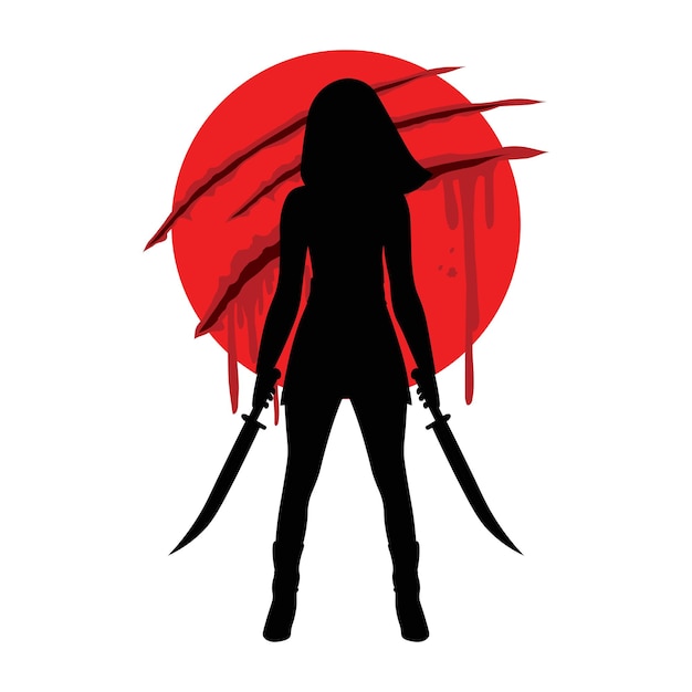 Silhouette Warrior woman with swords on a background with blood and a red sun Vector illustration