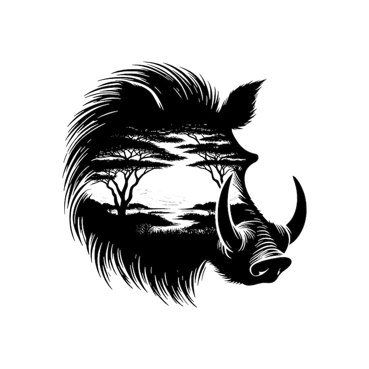 Vector silhouette of warthog filled with nature view in rough drawing