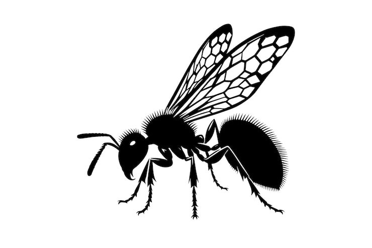 Vector silhouette of a wasp-like insect with detailed wings