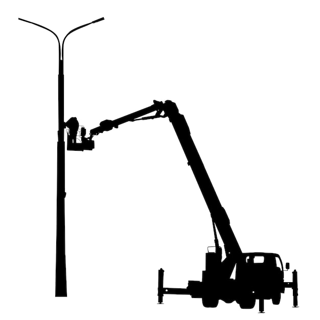 Vettore silhouette su sfondo bianco di piattaforma aerea o gru su un veicolo