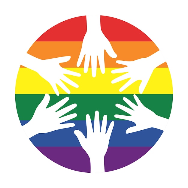 Vector silhouette of white hands on circle rainbow colored background lgbtqi concept