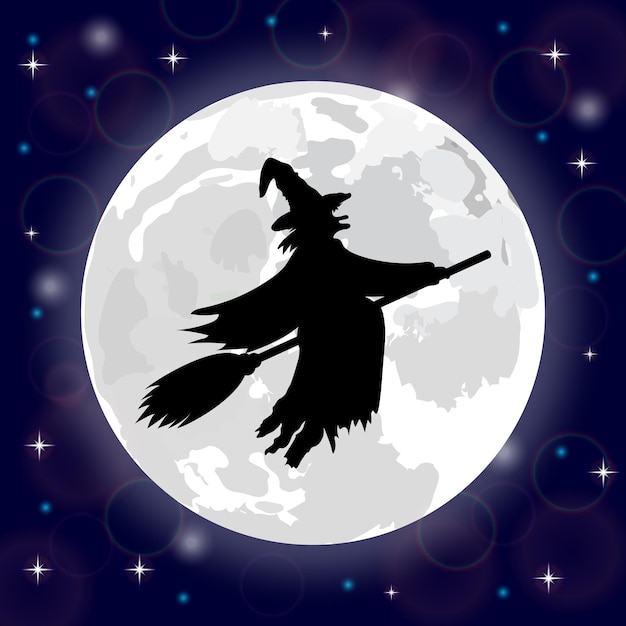 Silhouette of a witch on a background of the full moon