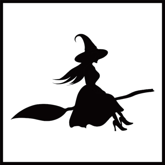 Vector a silhouette of a witch flying on a broomstick with her hair flying and a pointed hat