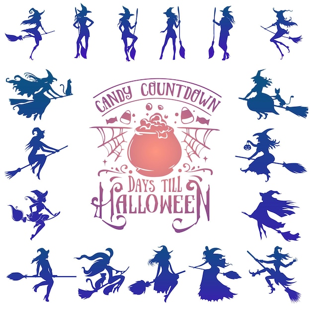 silhouette witches flying on broomstick set, Halloween Silhouette Elements