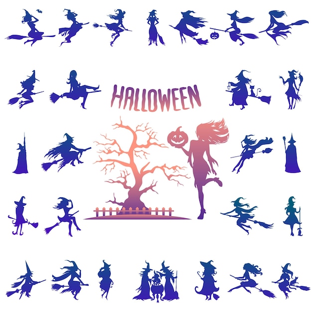 silhouette witches flying on broomstick set, Halloween Silhouette Elements