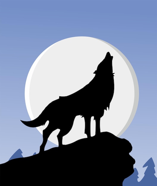 Vector silhouette of a wolf against a blue sky background