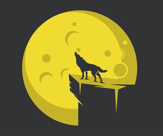 Silhouette of a wolf on the cliff with the moon.