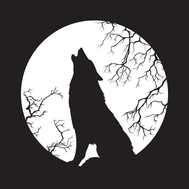 Silhouette of wolf howling at the full moon vector illustration Pagan totem wiccan familiar spirit art