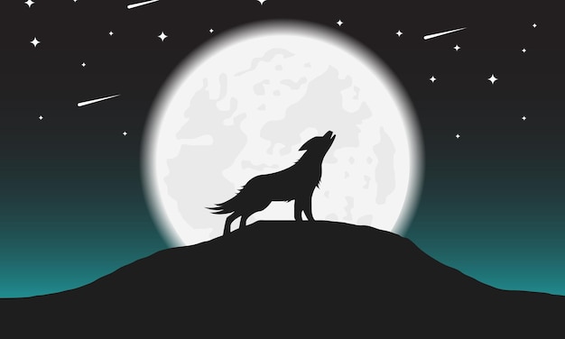 Vector silhouette of the wolf howling to the moon at night landscape vector illustration