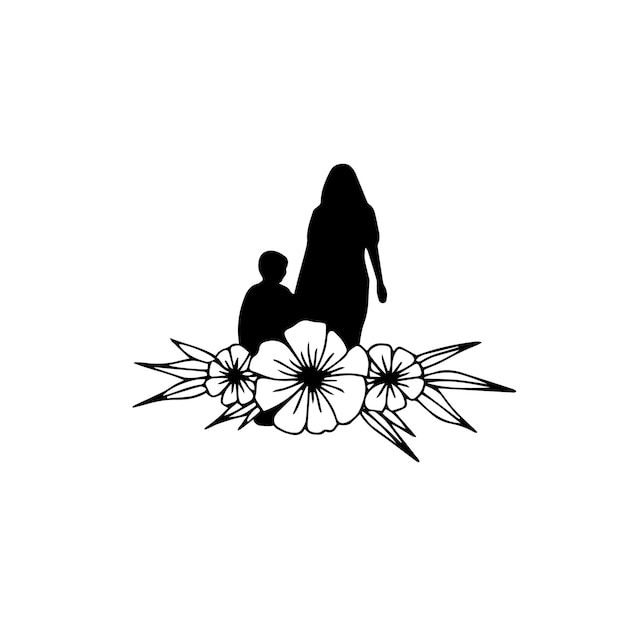 A silhouette of a woman and a child with flowers on their backs.