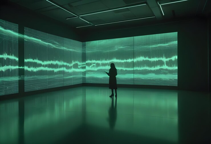 Vector silhouette of a woman in a coat standing in a room with large screens displaying abstract green lines and shapes the room is lit with green lights