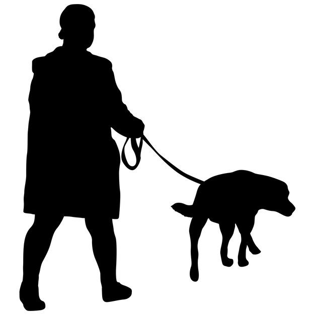 Silhouette of woman and dog on a white background