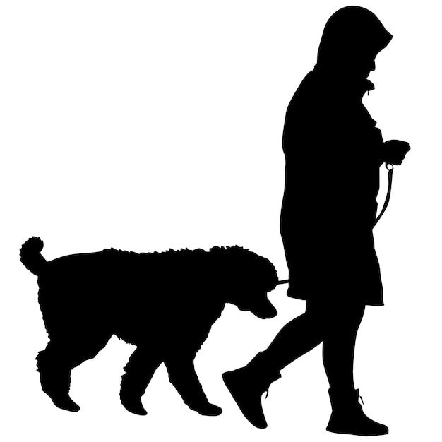 Vector silhouette of woman and dog on a white background